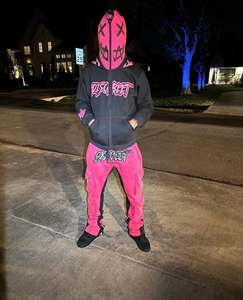 Ensemble survêtement streetwear homme lourd avec sweat à capuche zippé personnalisé et pantalon de jogging évasé empilé - Product Image 4