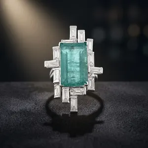 Moissanite Diamond <b>Emerald</b> Cut Green Stone Statement <b>Ring</b> with Baguette Accents 10K 14K 18K Gold 925 935 <b>Silver</b> - Product Image 1