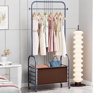 Minimalist Metal Clothing <b>Rack</b> With Wheels And Storage Basket For Wardrobe Use Standing Type Multifunctional Design - Product Image 1