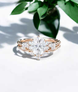 Anillo de Compromiso con Diamante Cultivado en Laboratorio de Corte Ovalado, Anillo de Boda con Diamante Marquise, Conjunto de Anillos de Novia con Diseño de Hoja, Oro Rosa - Product Image 5