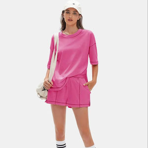 Conjunto de Dos Piezas de Tela Suave para Mujer, Pantalones Cortos y Camiseta, Estilo Casual de Verano, Ecológico, Cómodo para el Hogar - Product Image 1