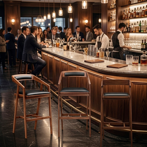 Taburete de Bar Moderno Vito de Teca Sólida Premium al por Mayor con Brazos y Asiento Tapizado Oscar para Restaurante, Cafetería, Hotel, Mostrador - Product Image 4