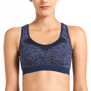 Women's Navy <b>Blue</b> Marled Sports <b>Bra</b> Racerback Scoop Neck Medium Support Yoga Breathable Seamless Design - Product Image 1