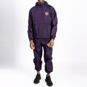 <b>Men's</b> <b>Purple</b> Hooded Tracksuit Solid Color Embroidered Logo Lightweight Polyester Casual Autumn Wear Full Sleeve Drawstring - Product Image 1