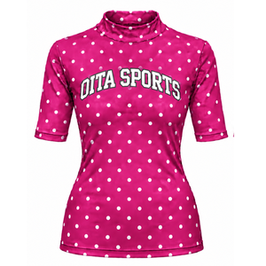 <b>Pink</b> Polka Dot Women Mock Neck Short Sleeve T Shirt Slim Fit Casual Printed Stretch <b>Top</b> Fashion Summer Apparel Wholesale - Product Image 1