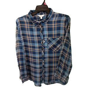 Camisa con botones a cuadros azul para mujer, camisa informal de manga larga con cuello, ropa de oficina, elegante camisa de trabajo a cuadros para mujer - Product Image 1