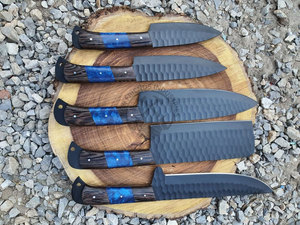 New Design Custom Handmade <b>Sharp</b> Chef <b>Knives</b> J2 Steel Powder Coated Hammered Blade 5-Piece Kitchen <b>Knife</b> <b>Set</b> W/Resinwood Handle - Product Image 3