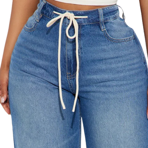 Jean en denim décontracté pour femme, taille mi-haute, coupe large, avec cordon de serrage, respirant, bleu délavé, idéal pour l'été, style streetwear - Product Image 3