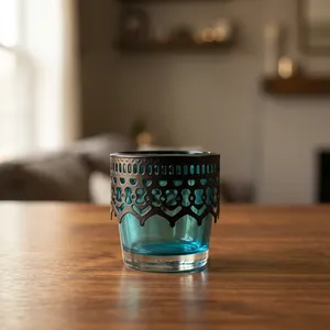 Cylinder <b>Glass</b> Votive Candle Jar With Black Metal Top <b>Heat</b> <b>Resistant</b> Home Decoration - Product Image 5