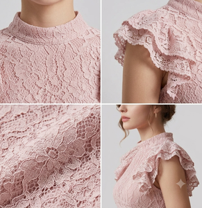 Robe midi rose en dentelle tissée, col rond, sans manches, coupe trapèze, élégante pour les fêtes, mode estivale, design floral personnalisé, vente en gros - Product Image 5