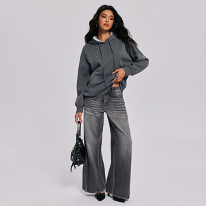 Sudadera Corta con Capucha Extra Grande para Mujer, Diseño Personalizado OEM, con Detalles de Lentejuelas, Hombros Caídos, Manga Larga, Gris, Tejida, para Otoño - Product Image 6