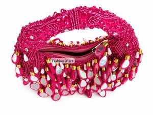 Bolso de Mano Rosa con Cuentas en Forma de Media Luna y Detalles de Espejo, Estilo Bohemio, con Asa Superior, para Mujer, para Fiestas y Bodas - Product Image 4