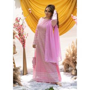 Ensemble de costume en mousseline de soie Chikankari rose pétale taille XS - Product Image 1
