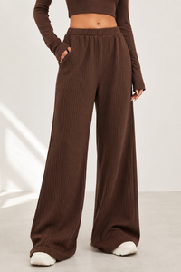 Women Brown Knitted Wide Leg <b>Pants</b> High Waist Loose Fit Full Length Casual Solid Color Elastic Waist Spandex Cotton Sweatpants - Product Image 4