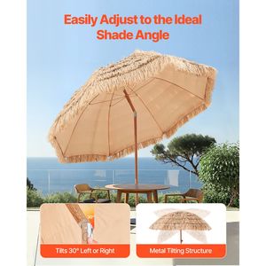 Ombrellone Tiki Hawaiano da 2,4 m con Inclinazione, Tetto in Paglia Sintetica PP Resistente e 8 Stecche Metalliche, Parasole da Patio e Spiaggia con Raggi di 2,7 m, 2 m, 3 m - Product Image 4