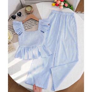 Combinaison à jambes larges pour filles, bleue à rayures, avec manches à volants et nœud au dos - Product Image 2