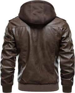 Men's Brown PU Leather Hooded Moto <b>Jacket</b> Zipper Front <b>Slim</b> <b>Fit</b> Autumn Style Windproof Regular Sleeve - Product Image 2