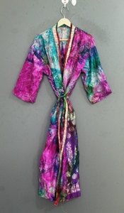 Bata Kimono Tie Dye con Ribete en Contraste, Manga Tres Cuartos, Corte Holgado, Largo Maxi, 100% Seda, 1 Pieza, Transpirable, Secado Rápido - Product Image 2