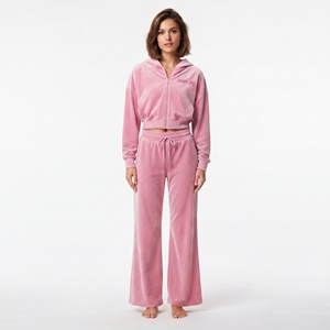 Ensemble de survêtement tendance en velours pour femme : sweat à capuche court à manches longues et épaules tombantes avec fermeture éclair intégrale et pantalon de jogging évasé taille haute à jambes larges - Product Image 5