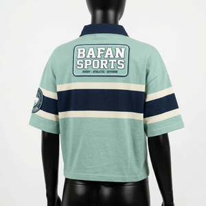 Camiseta de rugby para mujer, de algodón de alta calidad, mezcla de algodón, color verde menta, diseño de paneles con rayas azul marino, logotipo bordado personalizado. - Product Image 2
