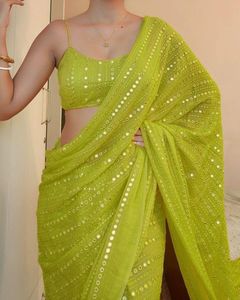 Sari Casual de Verano con Hermoso Bordado en Tela Georgette Exclusiva Premium, Último Modelo de Traje Tradicional Indio para Fiesta o Boda - Product Image 2