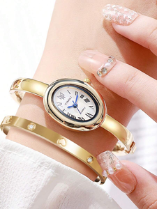 Juego de 3 relojes para mujer, reloj de cuarzo en tono dorado, elegante caja y esfera ovaladas, reloj de pulsera de moda lujoso pero minimalista B933 - Product Image 6