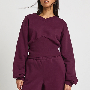 Survêtement pour femme, couleur unie, col en V, anti-UV, manches longues, coupe ample, taille élastique, vêtements décontractés, automne, polyester/nylon, sweat-shirt - Product Image 3