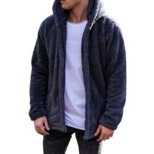 Men's Dark Blue Fleece Hooded <b>Zip</b>-<b>Up</b> Jacket Regular Fit Casual Winter Wear Oversized Style 100% Polyester Knitted Fabric - Product Image 1