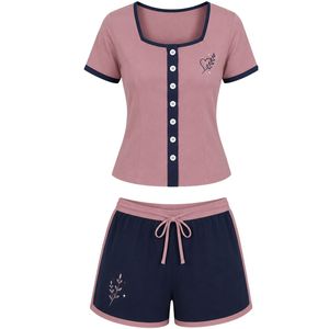 Pink And Navy Women Two Piece Shorts Set Square Neck Button <b>Top</b> Contrast Trim Embroidery Casual Summer Cotton Lounge Wear Outfit - Product Image 1