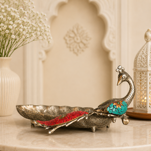 Bol décoratif artisanal en argent plaqué, en forme de paon, avec incrustation de pierres, plateau de service en métal, décoration de table, centre de table pour la maison - Product Image 5