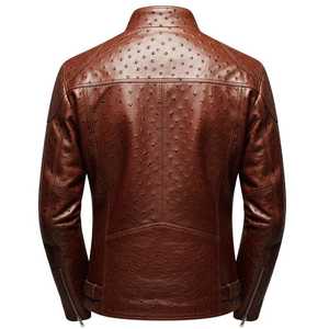 Veste en cuir d'autruche marron gaufré pour homme, style motard, fermeture éclair, col rabattable, vêtement d'hiver, personnalisation disponible - Product Image 3