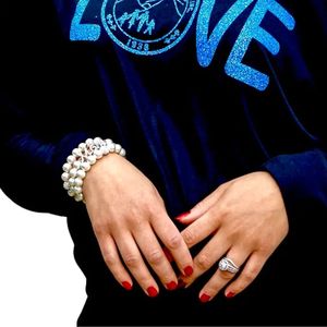 Women's Navy Blue <b>Off</b> <b>Shoulder</b> <b>Long</b> <b>Sleeve</b> <b>Top</b> with Bright Blue LOVE Emblem Graphic Stylish Casual Fashion Shirt Trendy Everyday - Product Image 4