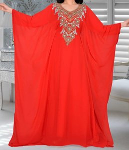 Abaya rouge perlée en polyester pour femmes adultes, décontractée, longue jusqu'au sol, à manches longues, col montant, modeste, pour soirée, grande taille, Moyen-Orient - Product Image 1