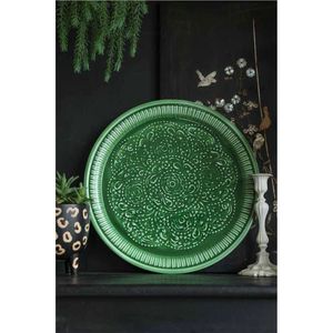 Plateau de service rond en métal vert artisanal, motif floral en relief vintage, plateau décoratif pour la décoration de la maison et la table basse - Product Image 1