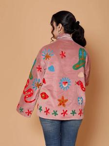 Luxury Pink Suede <b>Velvet</b> Embroidered Suzani <b>Jacket</b> With Folk Art Full Sleeve Stand Collar Handmade Bohemian <b>Women</b> Winter Coat - Product Image 2