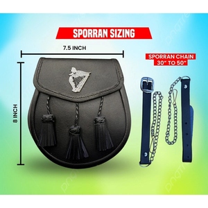 Pochette de kilt écossais Sporran en cuir véritable noir de qualité supérieure, avec emblème harpe irlandaise, trois pompons et sangle à chaîne, pour tenue traditionnelle des Highlands - Product Image 4