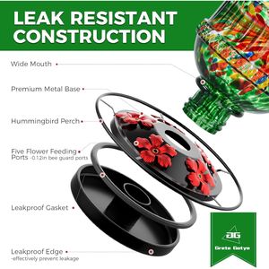 Mangiatoia per Colibrì in Vetro Soffiato a Mano da 25 Once, con 5 Porte per Fiori, Resistente alle Perdite, Accessorio per Birdwatching - Product Image 2