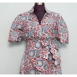 Vestido Midi de Mujer, Ecológico, 100% Algodón, Tejido, Estampado Floral, Corte en A, Cuello en V, Mangas Cortas, Bolsillos, Decoración con Botones - Product Image 4