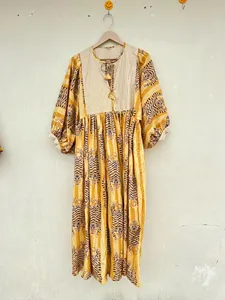 Bohemian Yellow Tiger Print Cotton Midi <b>Dress</b> Vintage Puff Sleeve <b>Loose</b> Fit Tie Neck Summer <b>Dress</b> For Women - Product Image 1