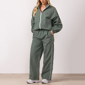 Survêtement pour femmes, couleur unie, coupe ample, veste et pantalon à fermeture éclair sur toute la longueur, ensemble respirant en Polyester, vêtements de printemps - Product Image 3