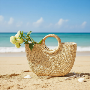 Sac de plage en jonc de mer avec pompon, fermetures à glissière et boutons, sac à main moderne et naturel pour femme, sacs de voyage tendance - Product Image 1