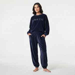 Ensemble de survêtement en velours bleu marine pour femme, sweat-shirt à col rond à manches longues, coupe ample, pantalon de jogging avec poches latérales, tenue décontractée - Product Image 1