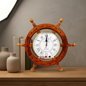 Horloge murale nautique 18 pouces en bois massif et laiton, polie, légère, en forme de gouvernail de bateau, décoration de hublot, décoration murale de bateau en bois - Product Image 1