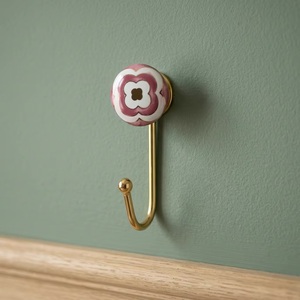 Ceramic Flower Wall <b>Hook</b> Gold Metal <b>Coat</b> Hanger Retro Style <b>Single</b> <b>Hook</b> for Clothing Wall Mounted Installation Waterproof - Product Image 1