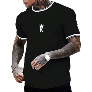 Camiseta de hombre con estampado de letras Crown, ribete a rayas, manga corta, cuello redondo, informal, de verano - Product Image 1