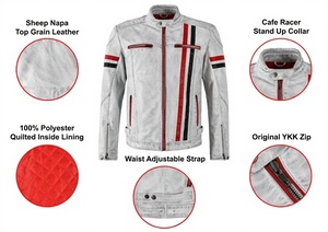 เสื้อแจ็คเก็ตหนังแท้สไตล์คาเฟ่เรเซอร์สีขาวลายแดงดำสำหรับผู้ชาย รุ่น 5033 - Product Image 5