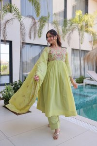 Chanderi Beads Gown <b>Flared</b> Kurta Silk Pants Cutwork Lace Dupatta Round Neck Stitched Women Three Piece Salwar Suit Set - Product Image 4