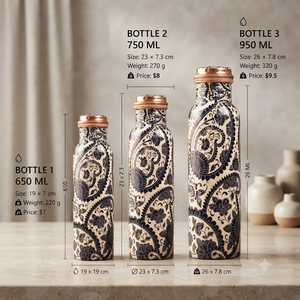 Handcrafted Copper Water <b>Bottle</b> Black White Floral Print Design Reusable Metal Drinking <b>Bottle</b> Handmade Travel Home Gift - Product Image 5