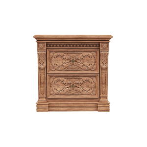 Carved Solid Wood Nightstand with Double Drawer, Handcrafted Bedside Table Storage Cabinet, Ornate Wooden Side Table for Bedroom - Product Image 1