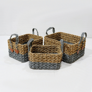 Artex Dong Thap Seagrass Storage Basket Organizer <b>Box</b> with Handles Two Tone Set - Product Image 1